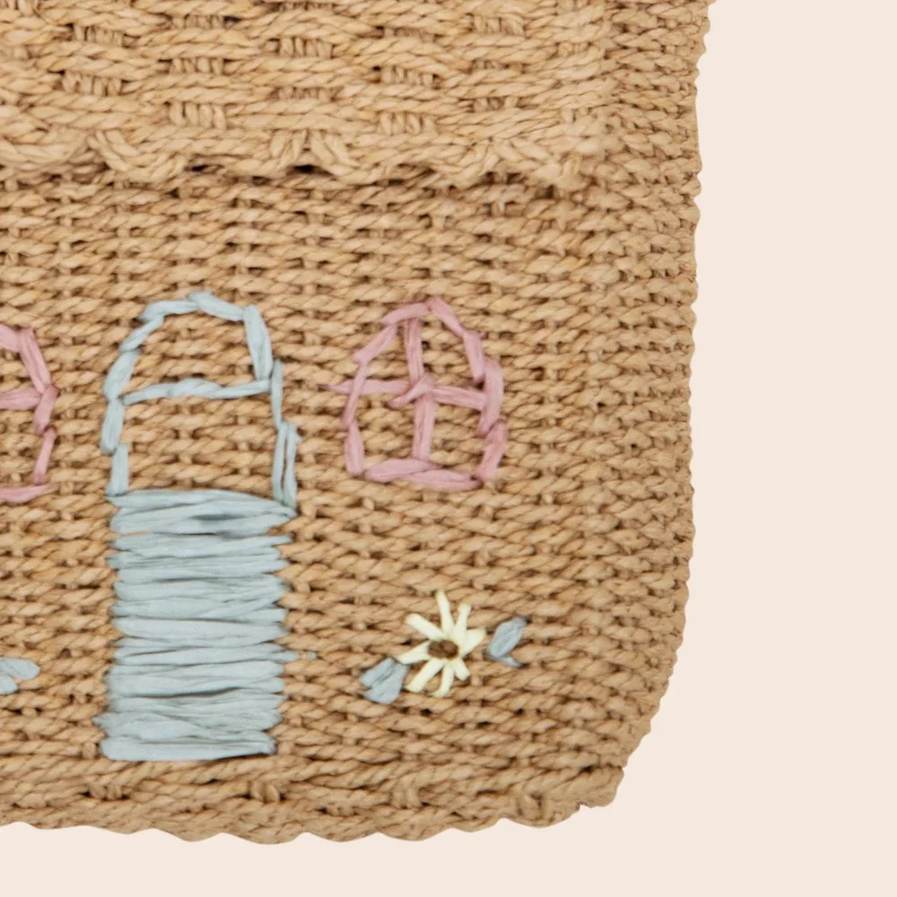 Kids Woven Straw Cottage House Backpack Tan Embroidered Floral Beach Bag